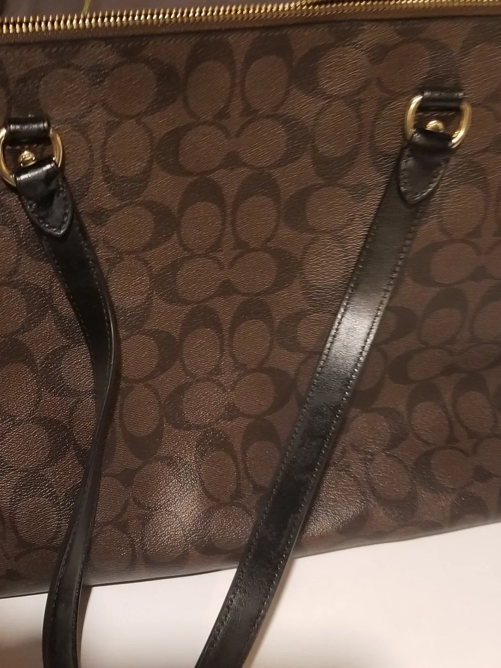 COACH Brown Signature Canvas Shoulder Bag with Black Leather Trim